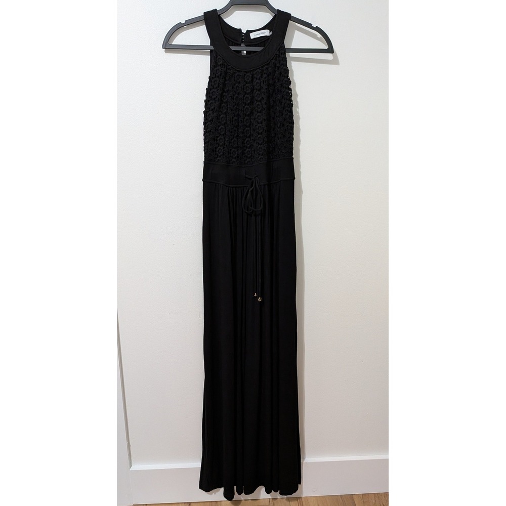 Calvin Klein Maxi Dress 6 Black Crochet Lace Halter Sleeveless Elevated Casual